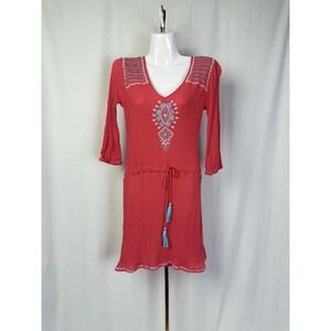 THML Womens Dress XS Pink V Neck 3/4 Sleeve Tasseled Short Pullover‎ Boho
